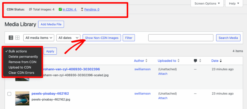 envira-cdn-options-in-media-library - Envira Gallery Envira CDN status bar, filter, and bulk actions in the WordPress Media Library