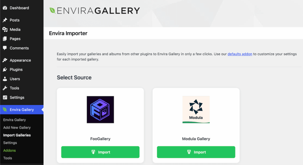 envira-import-galleries - Envira Gallery Envira > Import Galleries