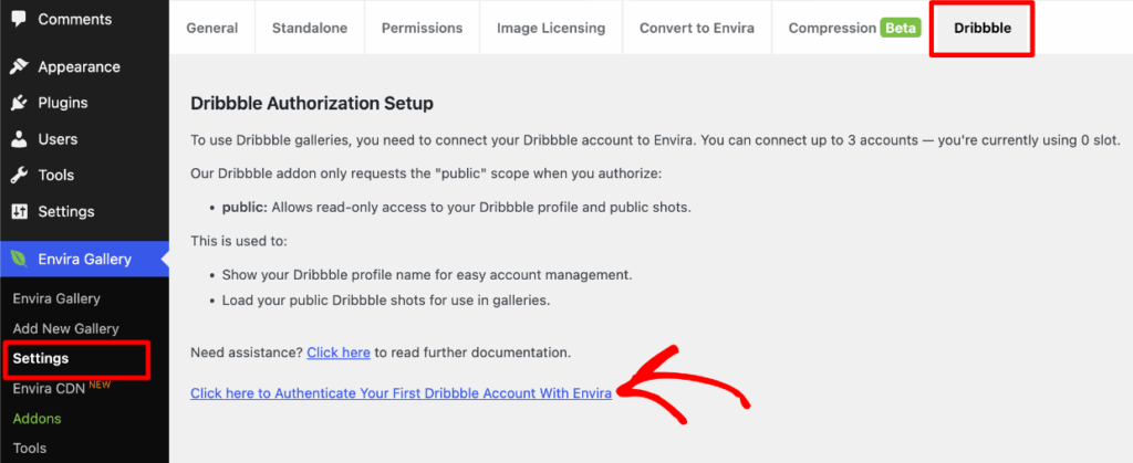 Settings-Dribbble-authorization 1 1 - Envira Gallery Envira Settings > Dribbble authorization