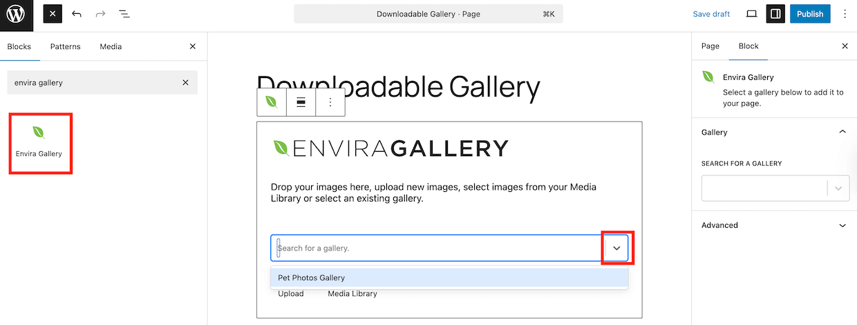 Envira Gallery block in the WordPress block editor with the gallery dropdown open