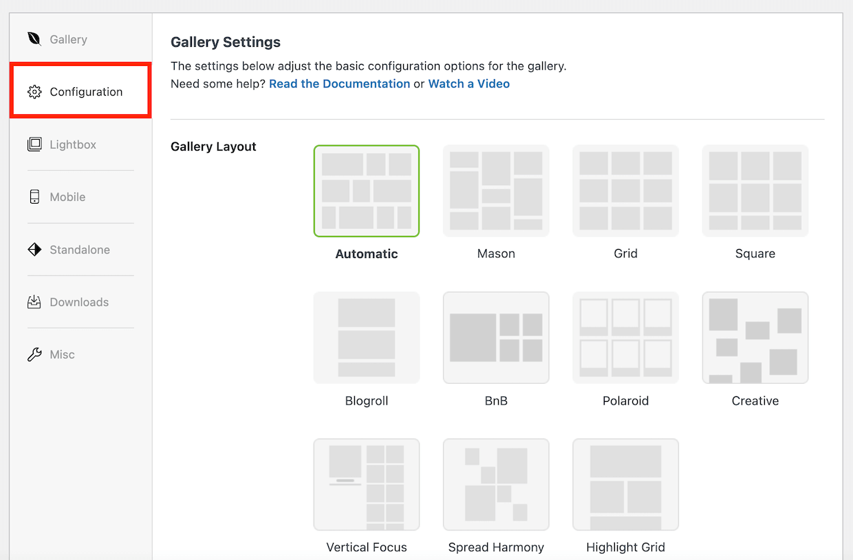 Choosing a gallery layout from the dropdown on the Configuration tab of the Envira Gallery editor