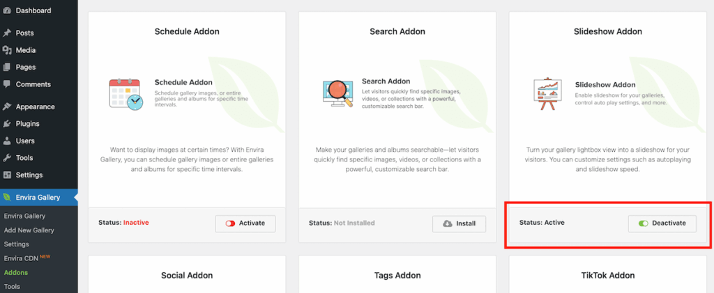 Activating the Envira Gallery Slideshow Addon
