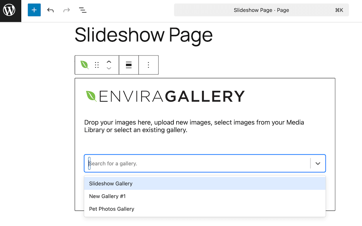 Inserting the Envira Gallery block into a page in the WordPress block editor