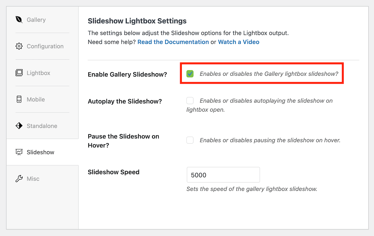 Turning on the slideshow option from the Lightbox tab of an Envira gallery