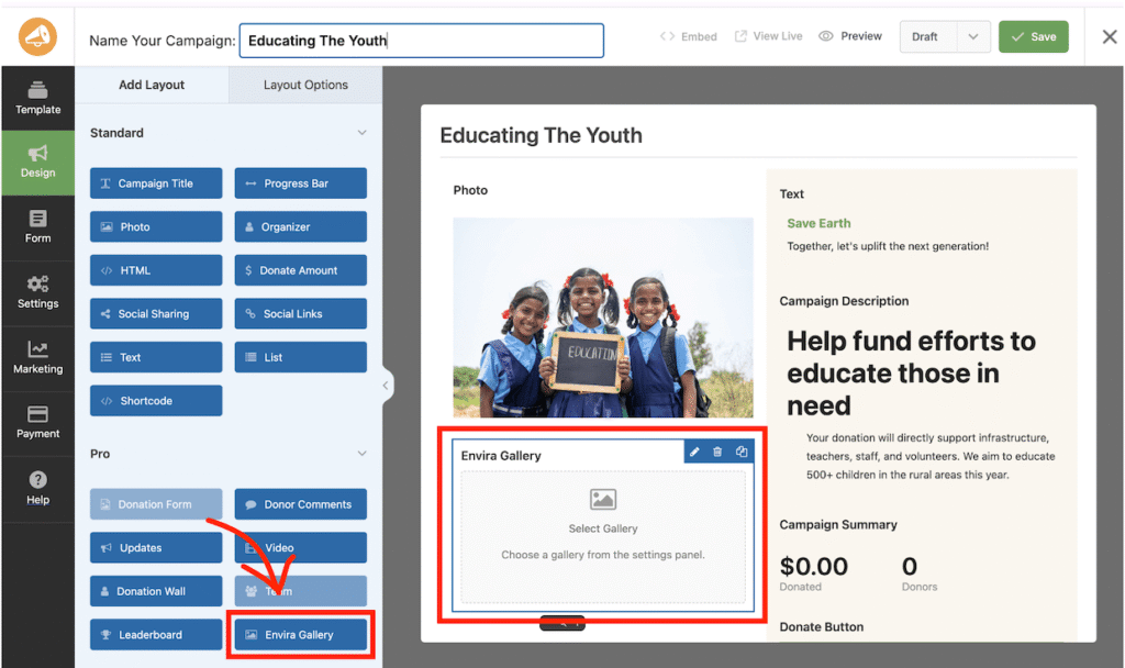 Adding an Envira Gallery to a Charitable campaign