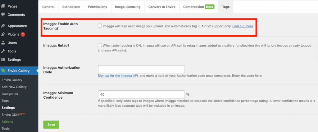 Enabling auto tagging with Imagga in Envira Gallery