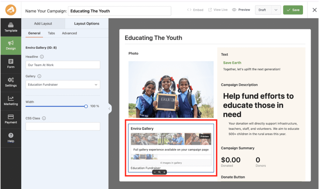 the Preview of an Envira Gallery in a Charitable campaign