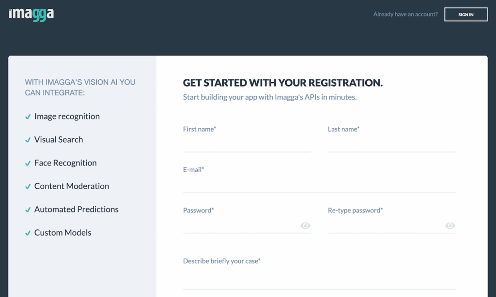 Imagga signup page