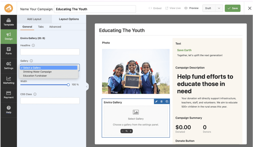 Selecting an Envira Gallery to appear in the Charitable Campaign builder