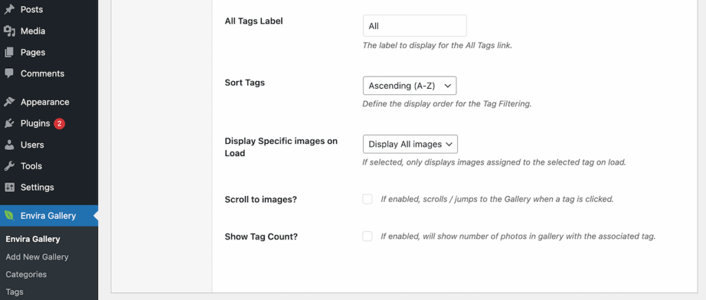 Tag settings in Envira Gallery