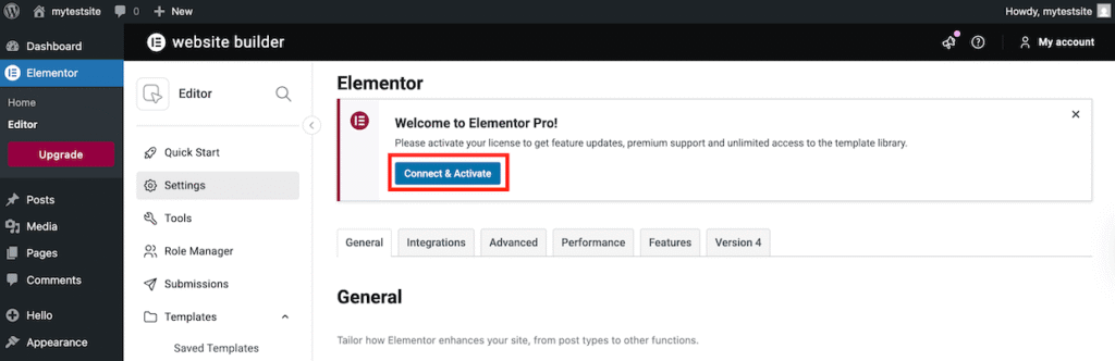 connect and activate elementor in wordpress