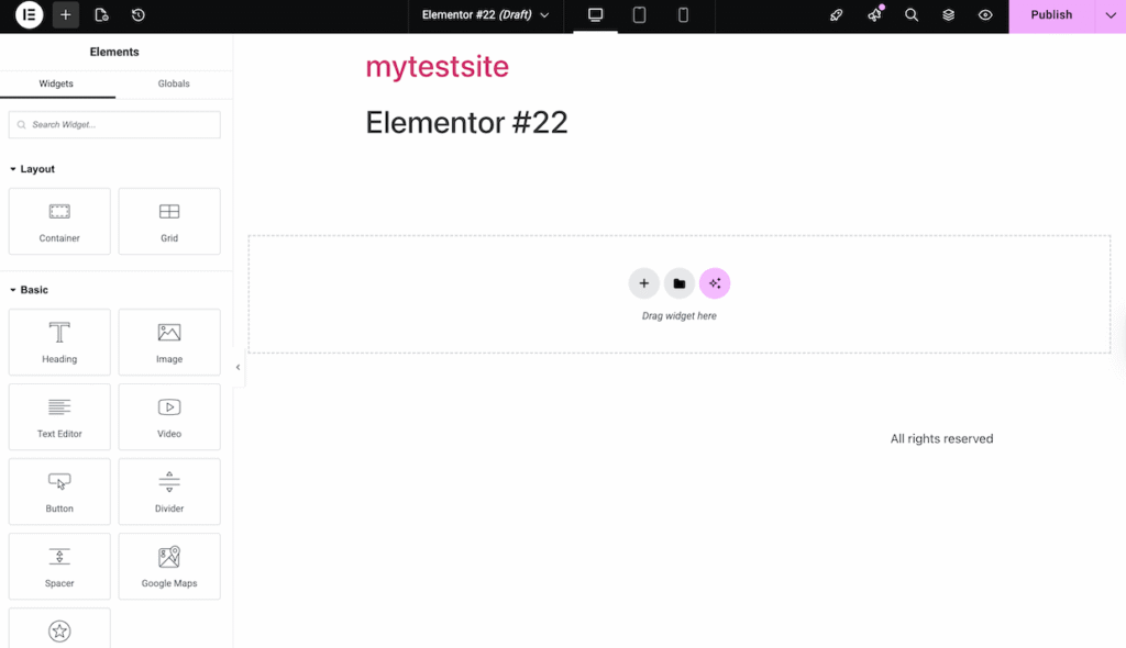 elementor page builder's editor screen