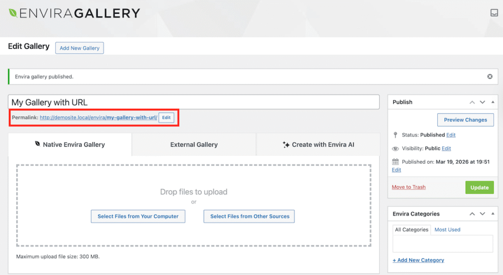 Envira Gallery unique gallery url link
