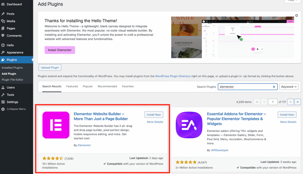 Installing the elementor plugin