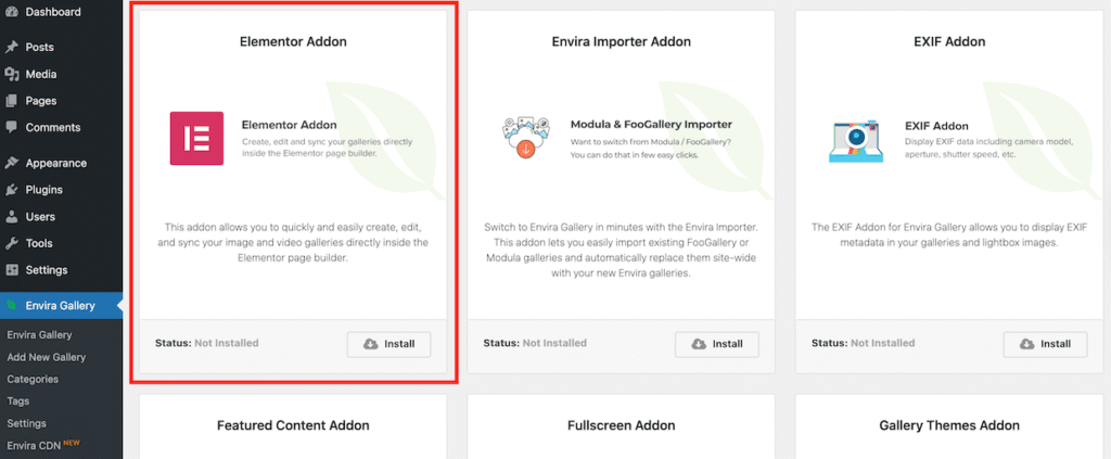 Installing Envira's Elementor addon