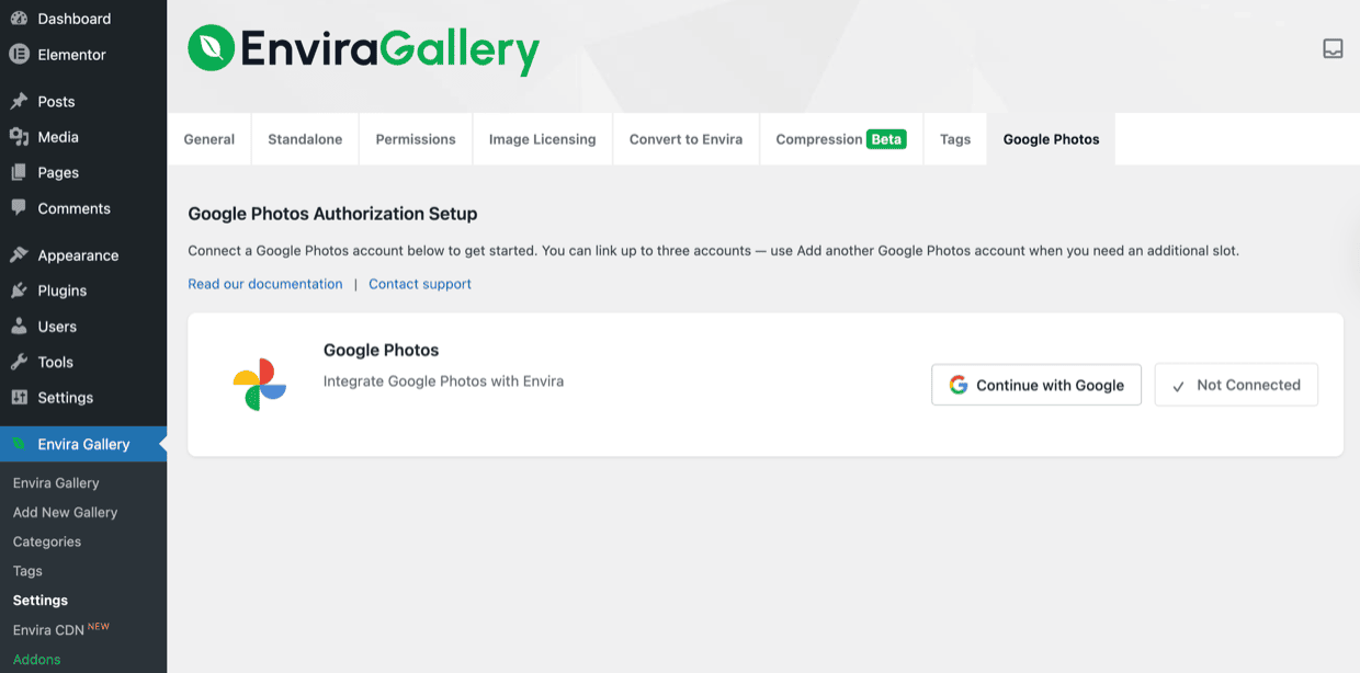 Envira Gallery Settings showing the Google Photos Authorization Setup tab with a Continue with Google button