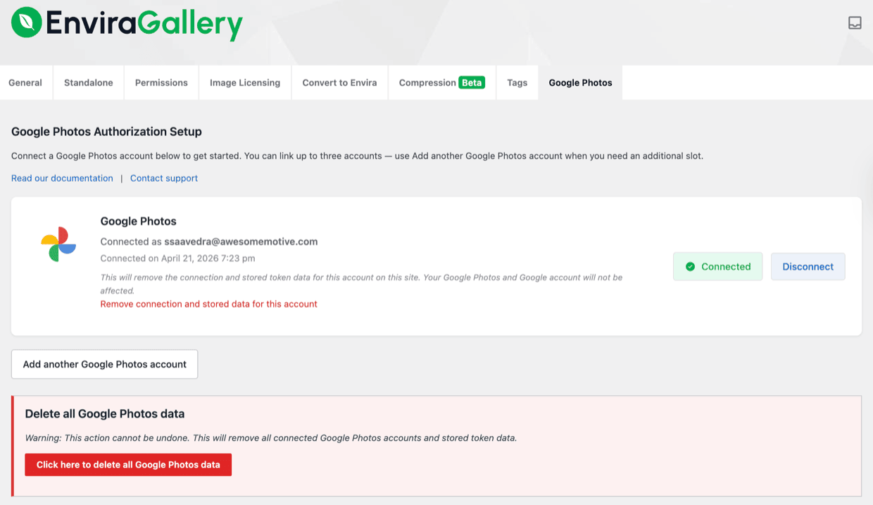 Envira Gallery Settings showing a Google Photos account successfully connected, with the email address displayed and a Disconnect option