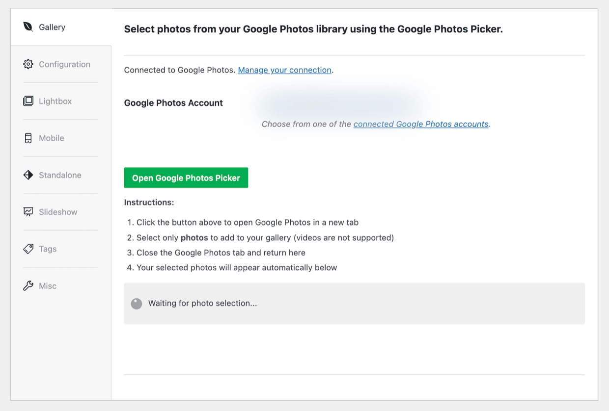Envira Gallery editor showing the Open Google Photos Picker button with four-step instructions and a Waiting for photo selection status indicator