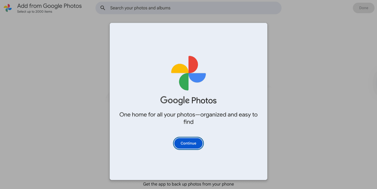 Google Photos Picker interface showing Add from Google Photos with a search bar and the ability to select up to 2,000 items