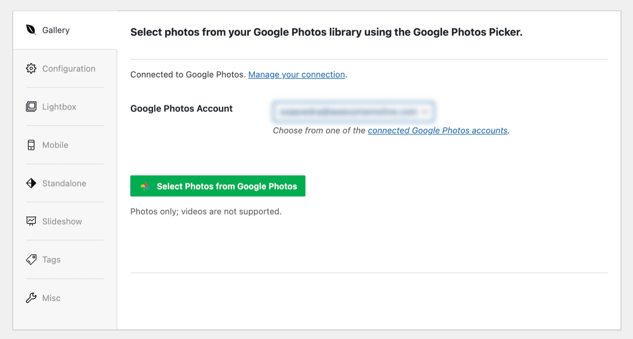 Envira Gallery editor showing the Select Photos from Google Photos button and account dropdown inside the gallery configuration panel