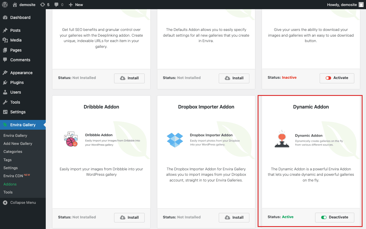 Envira Gallery Addons page showing the Dynamic Addon with Active status