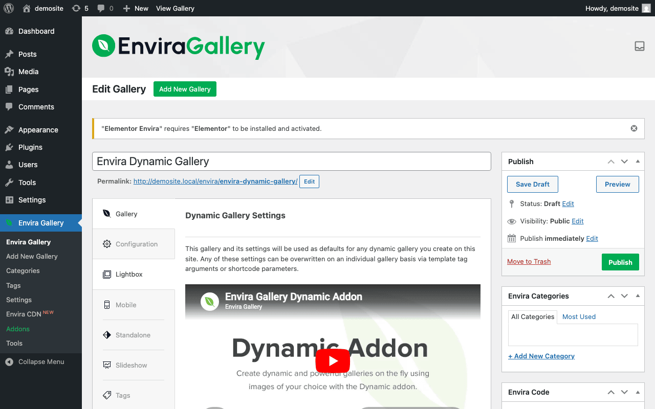 Envira Gallery Dynamic Gallery Settings editor
