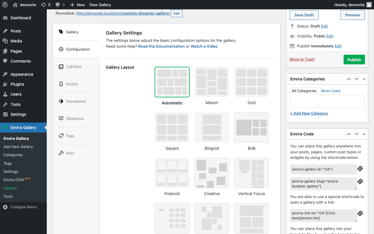 Envira Gallery Configuration tab showing gallery layout options