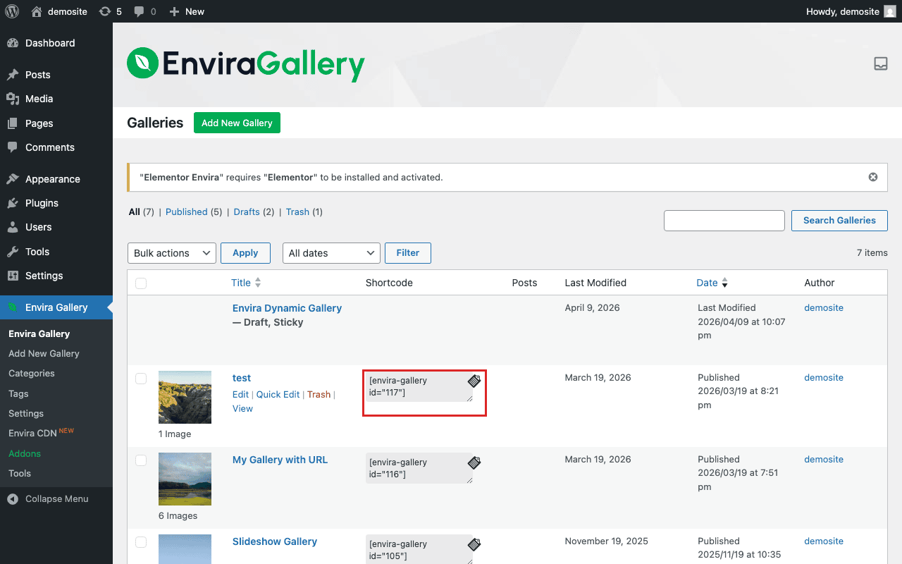 Envira Gallery list showing gallery shortcodes for embedding