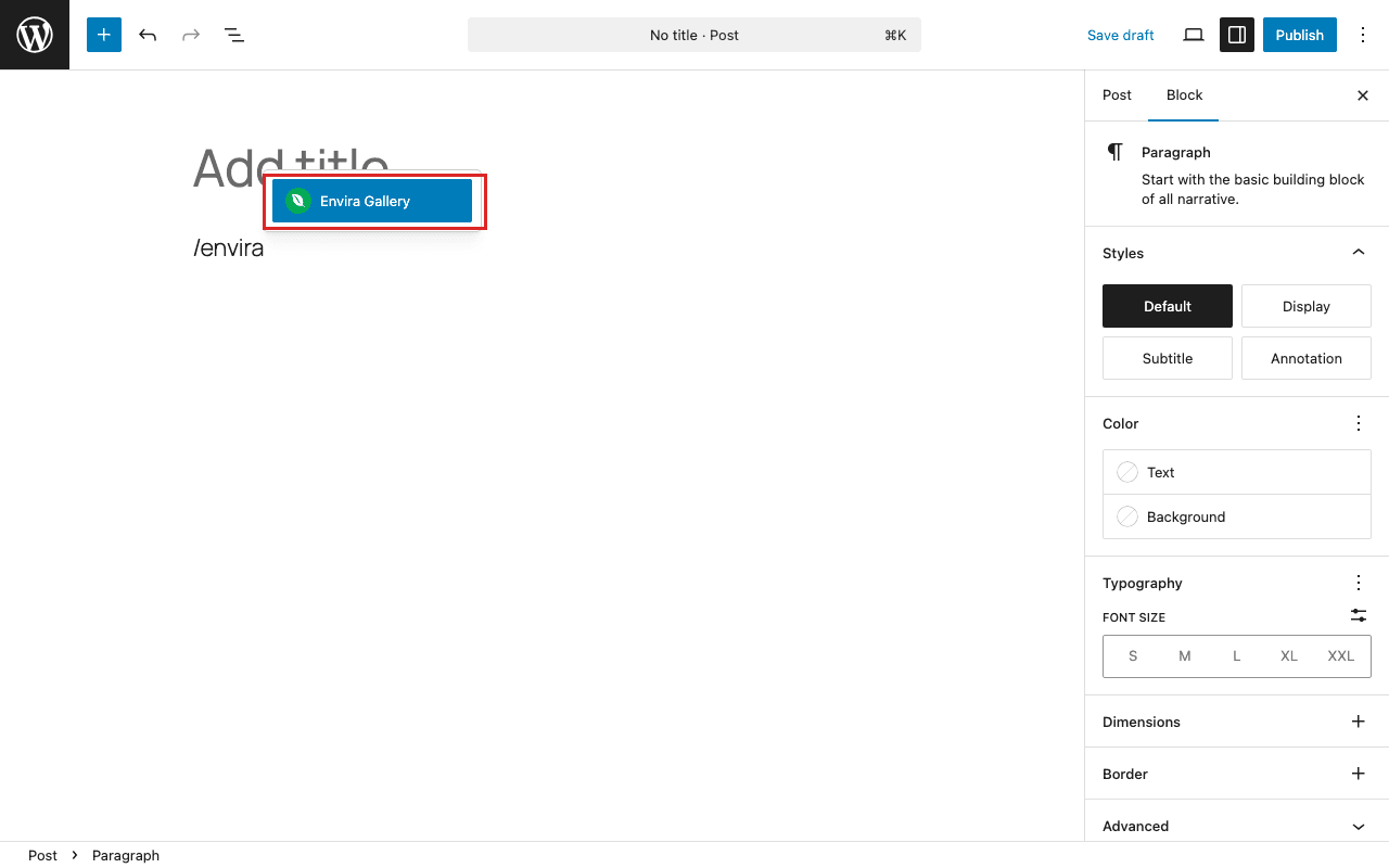 Adding Envira Gallery block using the slash command in WordPress block editor