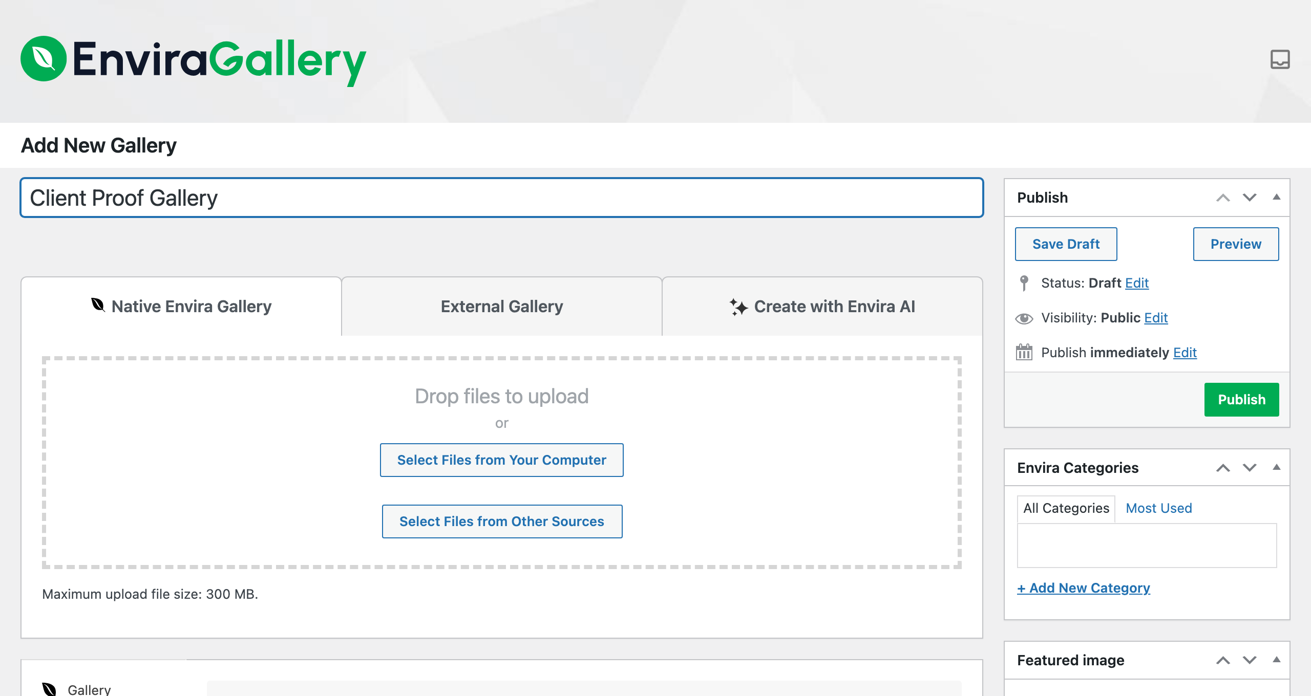 Envira Gallery Add New Gallery screen with Client Proof Gallery typed in the title field