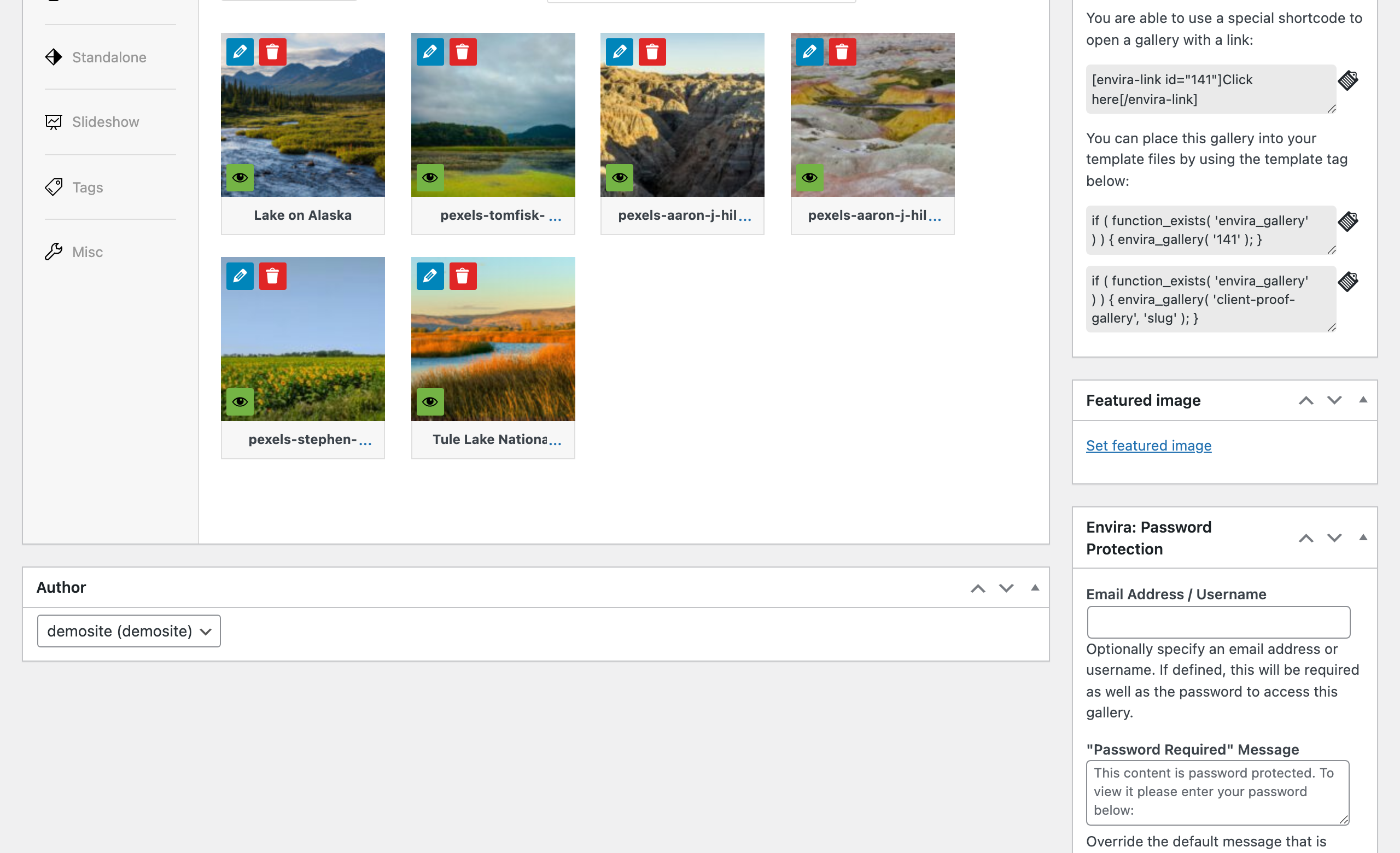 Envira Gallery editor showing six image thumbnails loaded into the Client Proof Gallery