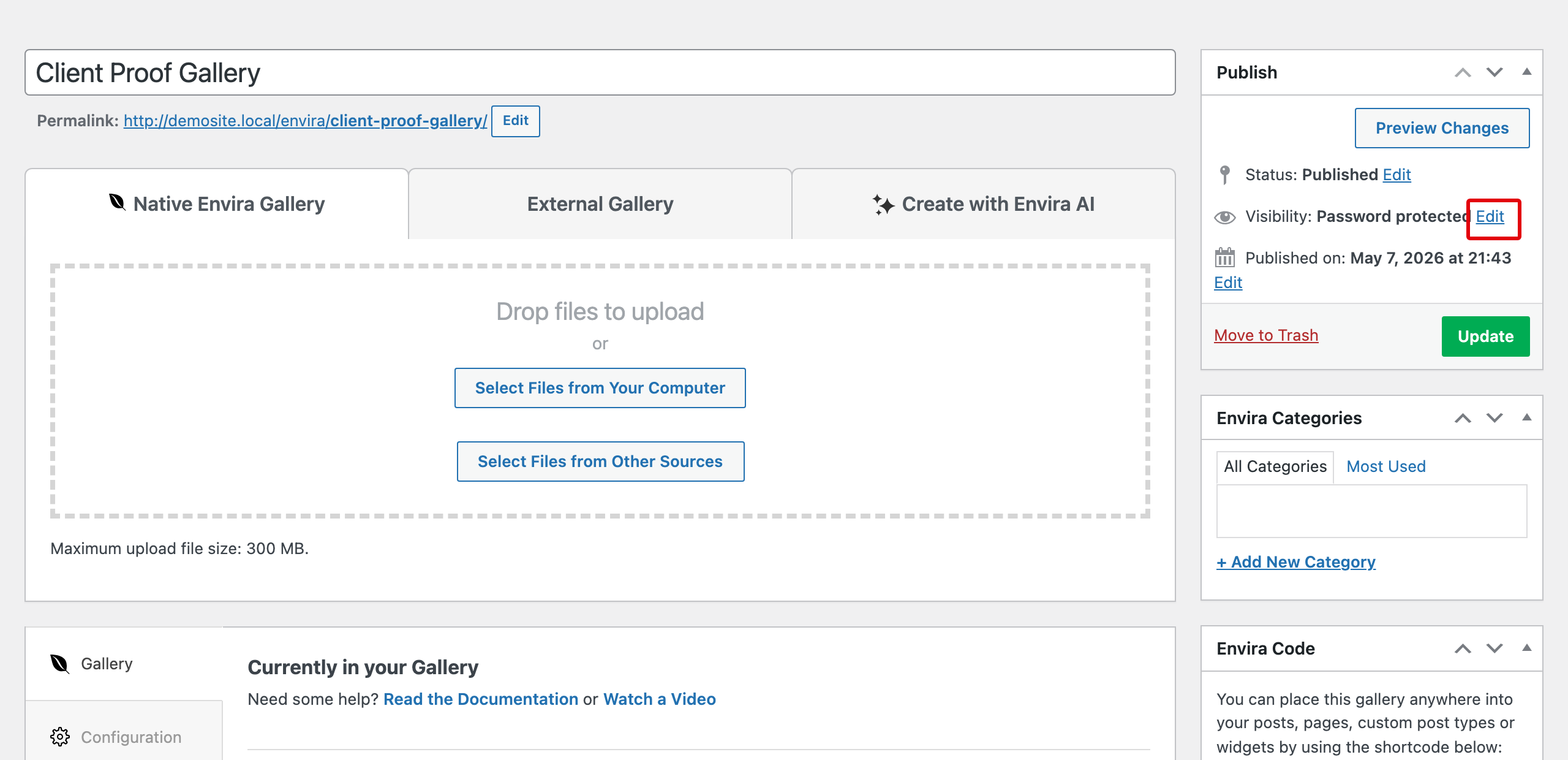 Envira Gallery editor Publish panel showing Visibility: Password protected with Edit link highlighted in red