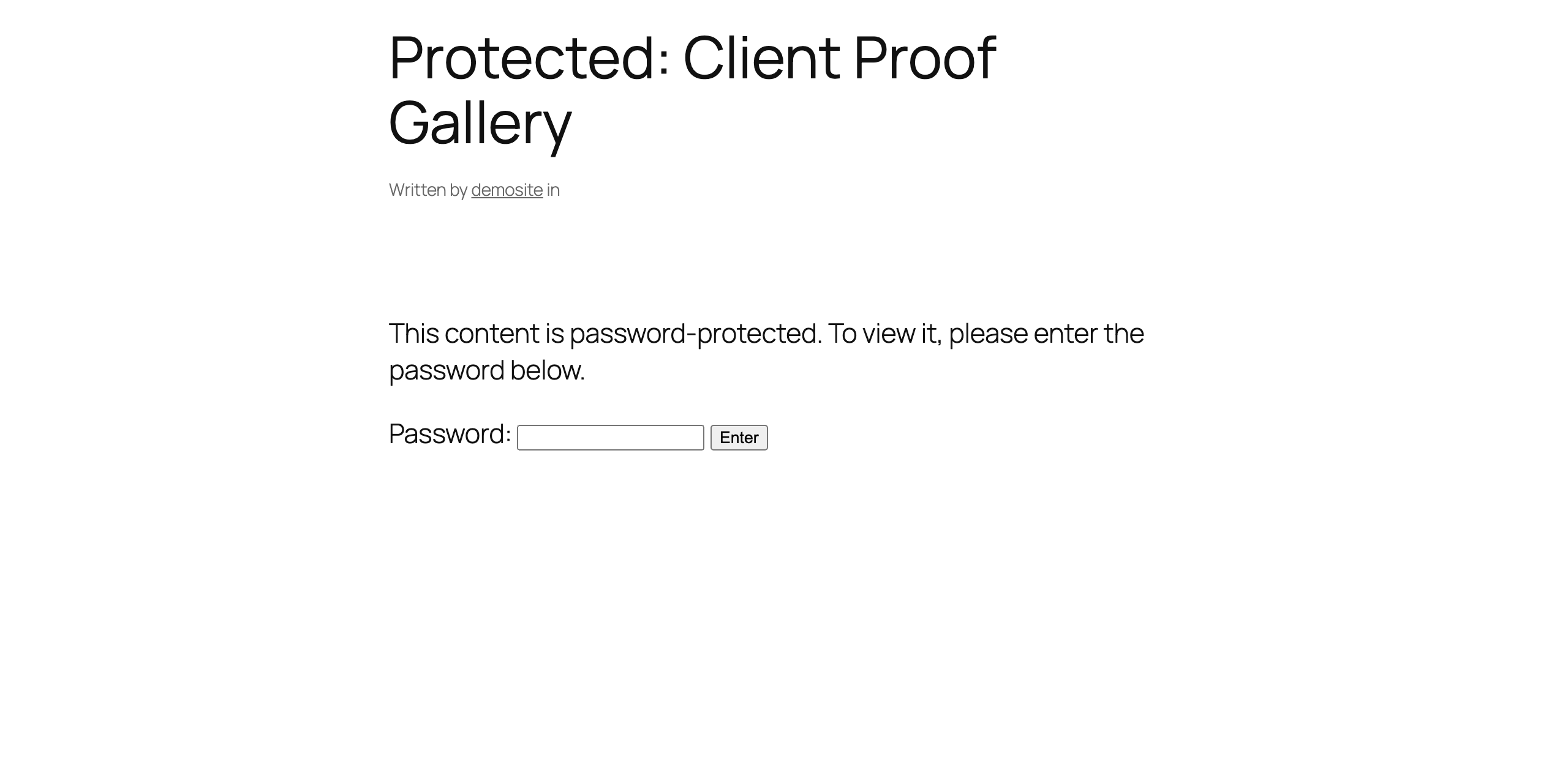 Front-end view of the Client Proof Gallery showing the WordPress password entry form