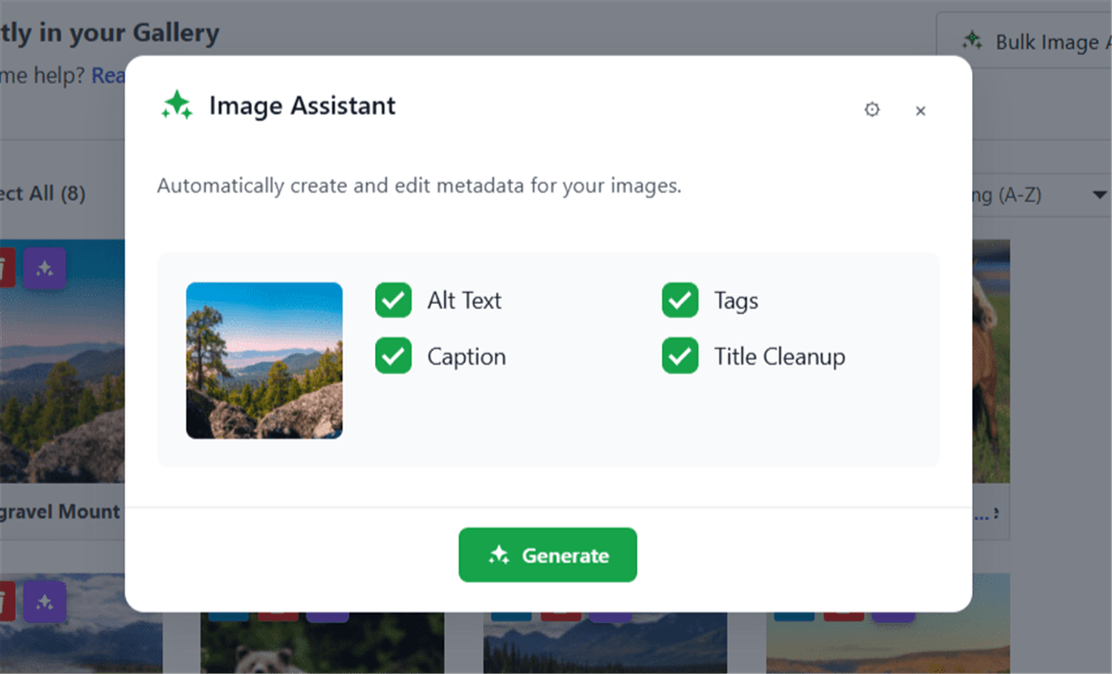 Envira Image Assistant modal showing Alt Text, Tags, Caption, and Title Cleanup fields with Generate button