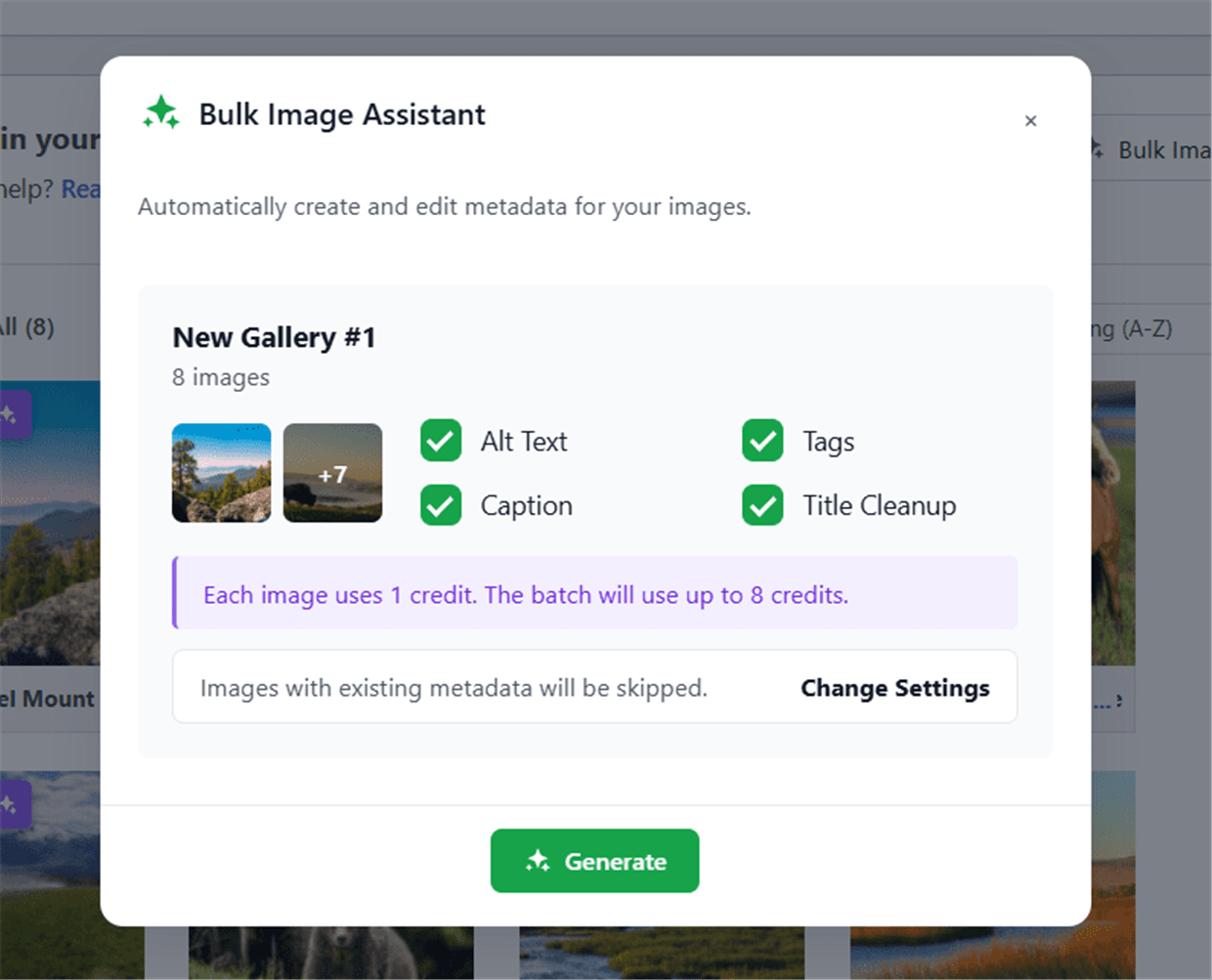 Envira Bulk Image Assistant modal showing Alt Text, Tags, Caption, and Title Cleanup options with credit cost notice
