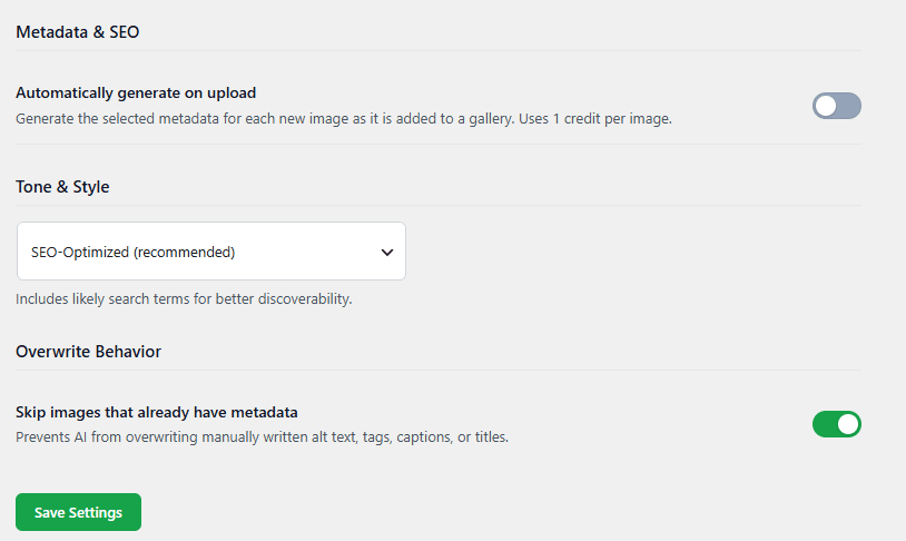 Envira Gallery Image Assistant settings showing Automatically generate on upload toggle and overwrite behavior options