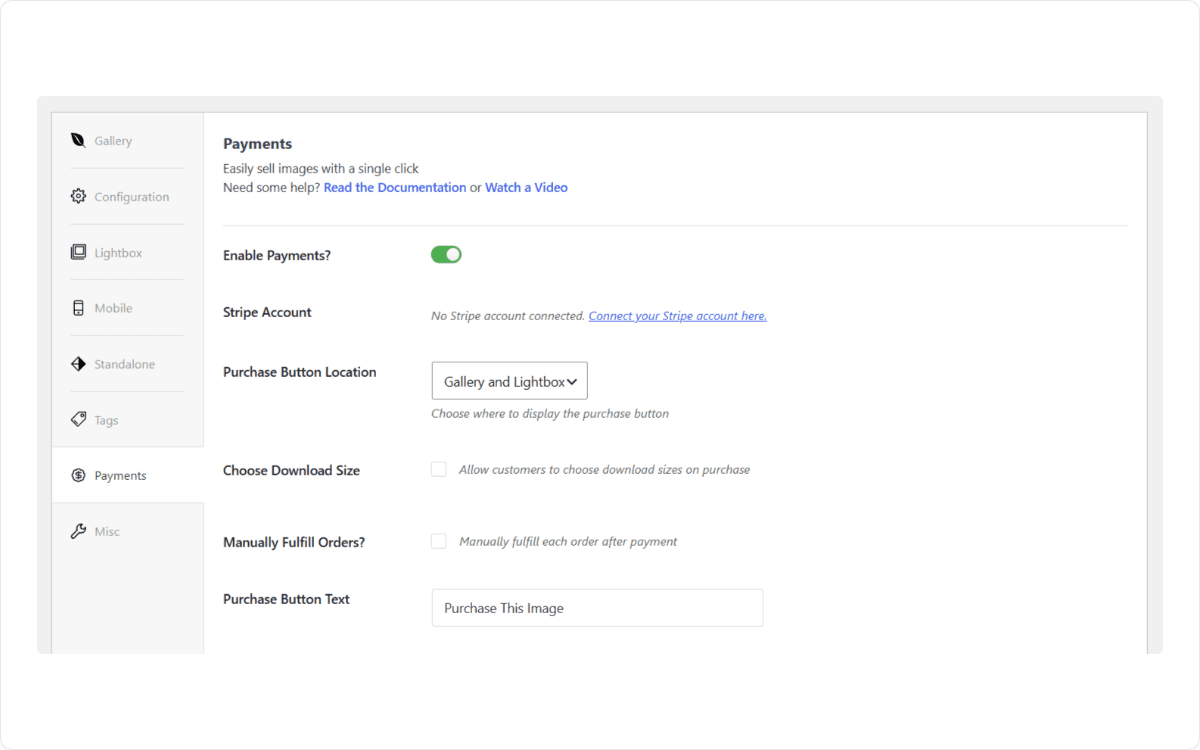 Enabling Envira Payments and purchase button options inside a gallery
