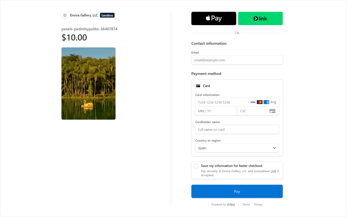 Secure Stripe checkout page for an Envira Payments purchase