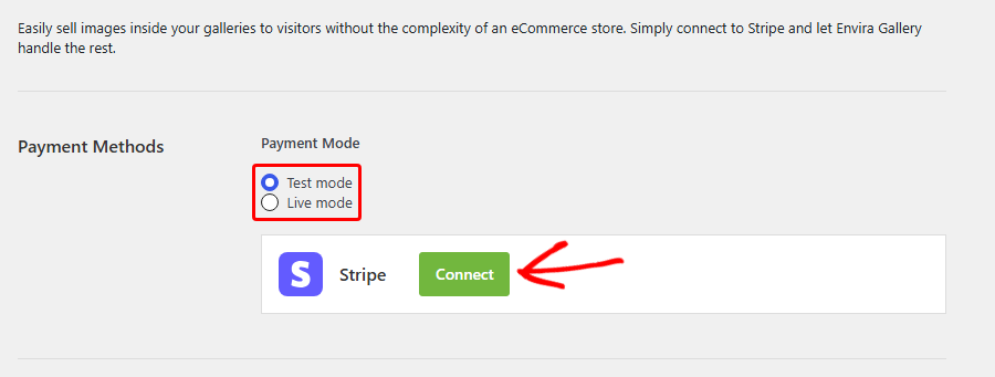 Payment methods panel with Stripe Connect button and radio options for Test mode or Live mode.
