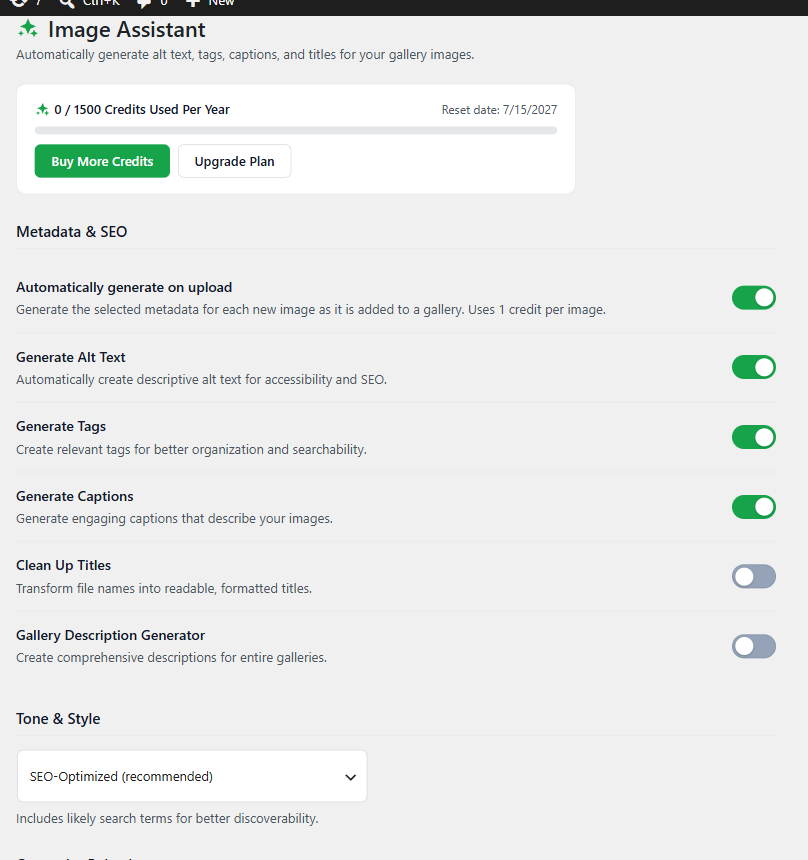 Screenshot of Image Assistant settings with automated metadata toggles and tone/style options.