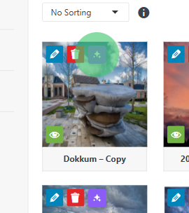 Thumbnail: stone fountain in a park, titled 'Dokkum – Copy'; overlay action icons for Edit, Delete, and View.