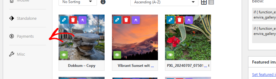 Gallery editor UI with three image thumbnails and overlaid action icons (edit, delete, etc.).