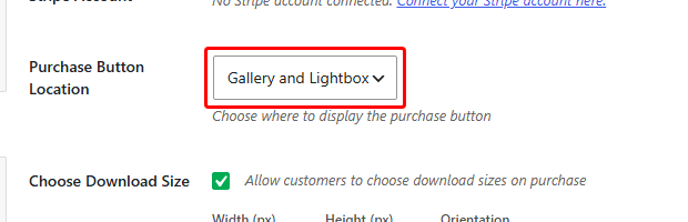 Dropdown labeled Purchase Button Location with 'Gallery and Lightbox' selected.