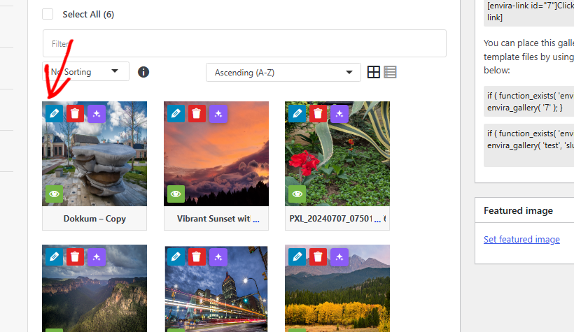Six image thumbnails in a gallery editor, each with edit and delete icons and a caption below.