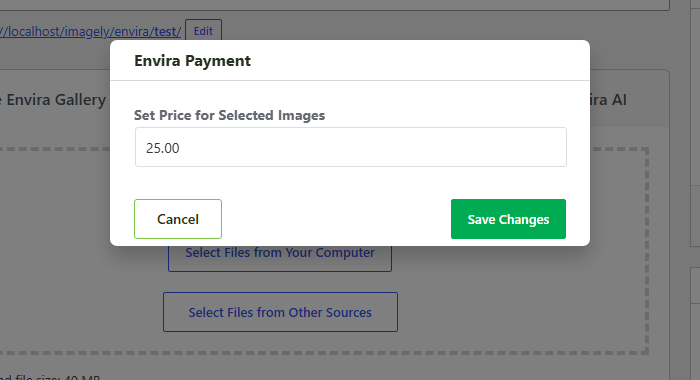 Envira Payment dialog to set price for selected images; price is 25.00; Cancel and Save Changes buttons.