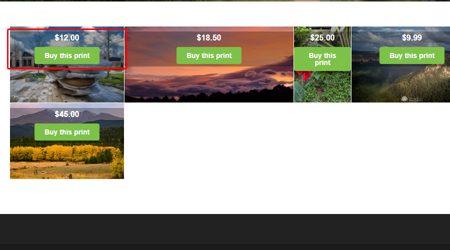 E-commerce grid of five prints for sale, each with a price and a green 'Buy this print' button; leftmost tile priced .00, others .50, .00, .99, and .00.