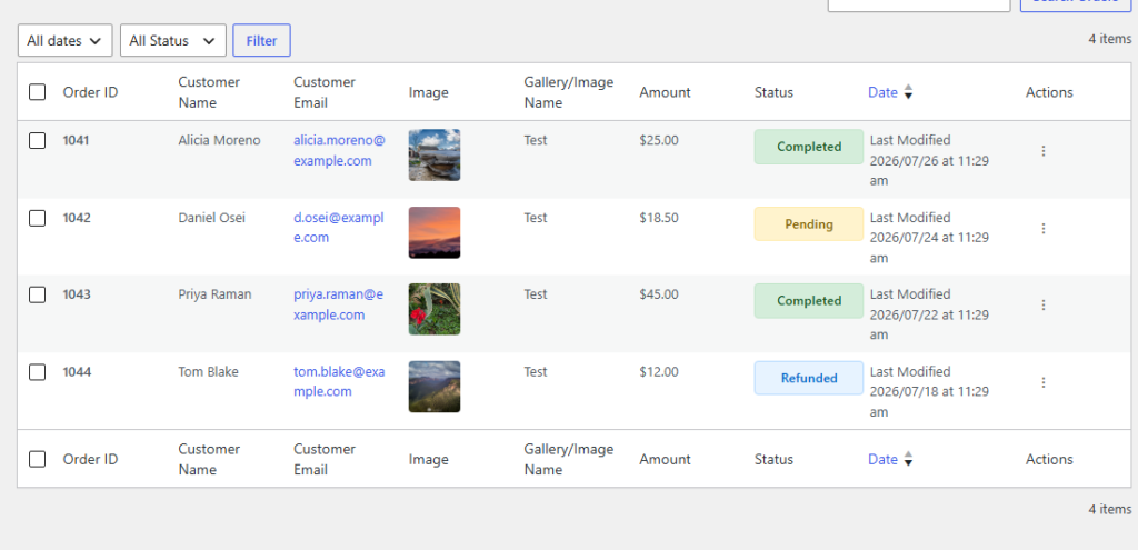 Table of 4 orders showing Order ID, Customer, Email, product image thumbnail, gallery name, amount, status, and last modified date/time.