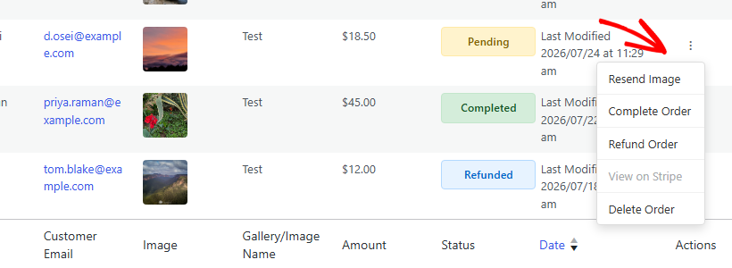 Admin orders list with customer emails, item thumbnails, 'Test' order, amounts, status badges, and a three‑dot actions menu.