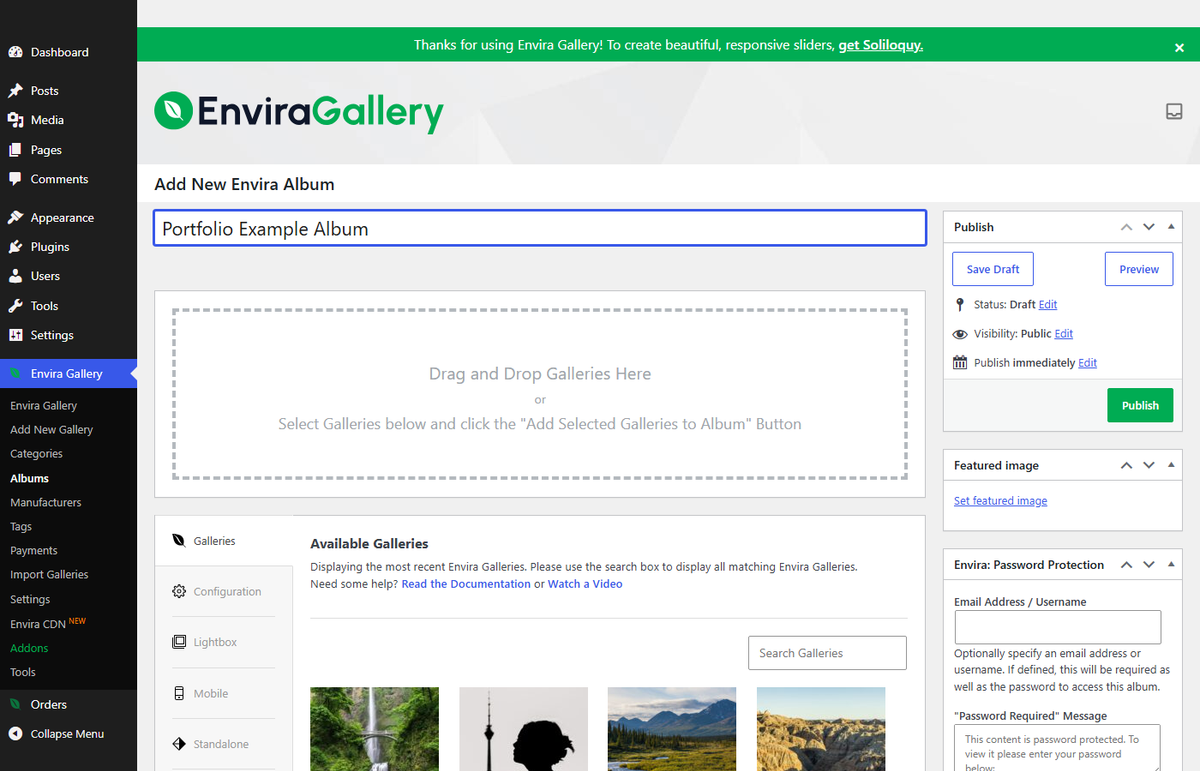 Envira Gallery Add New Album screen with galleries ready to drag into the album