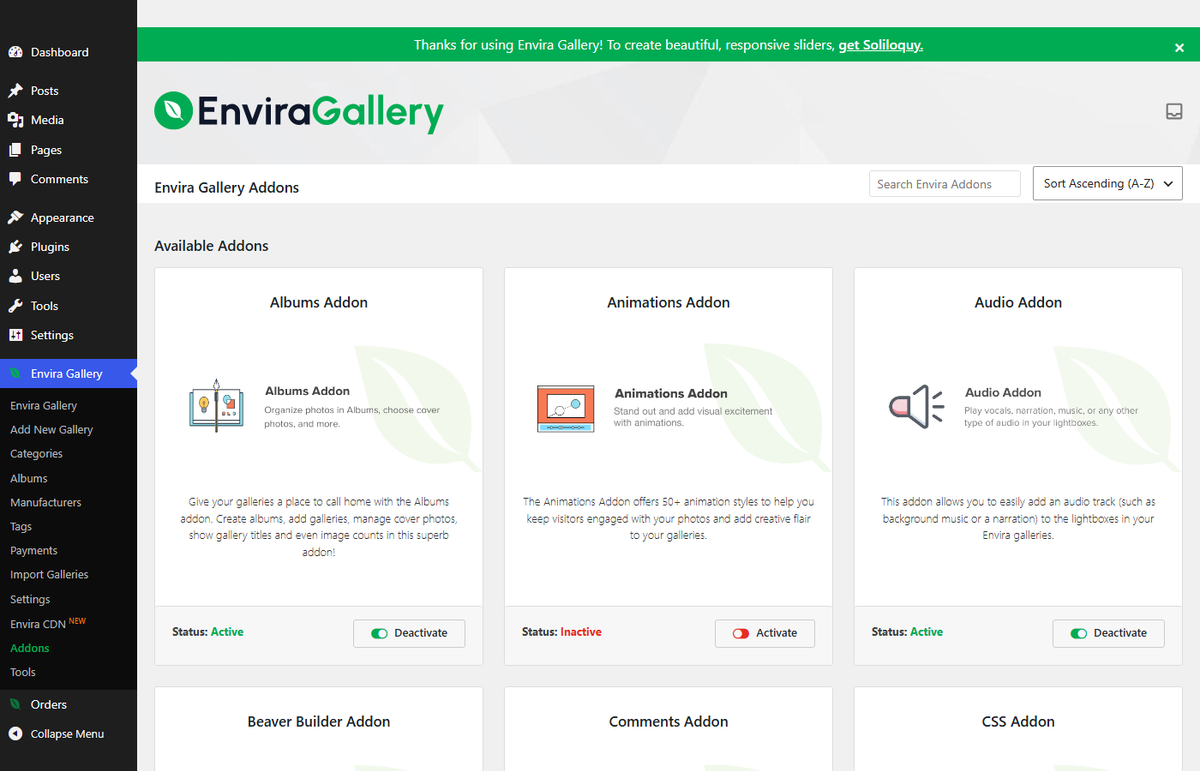 Envira Gallery Addons screen showing the Albums Addon active